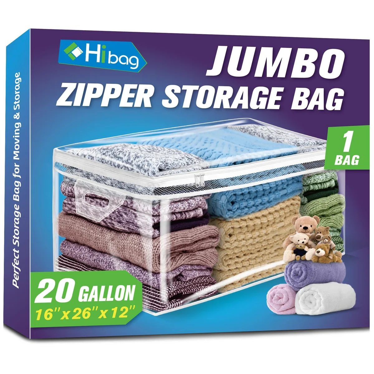 Beige foldable storage bag with zipper and handles, 26 by 16 by 12 inches