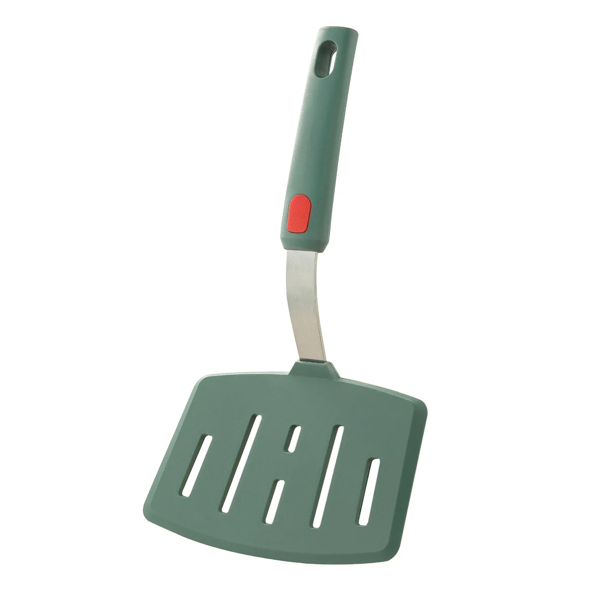 Green silicone slotted turner with wide rectangular blade and ergonomic handle