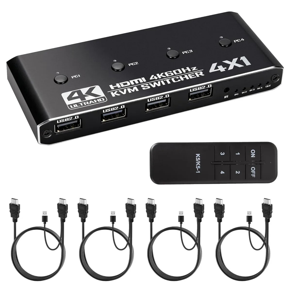 WRIARICH WRIARICH 4 Port HDMI KVM Switch 1 Monitor 4 Computers 4K@60Hz USB 2.0 with 4 Cables — product photo