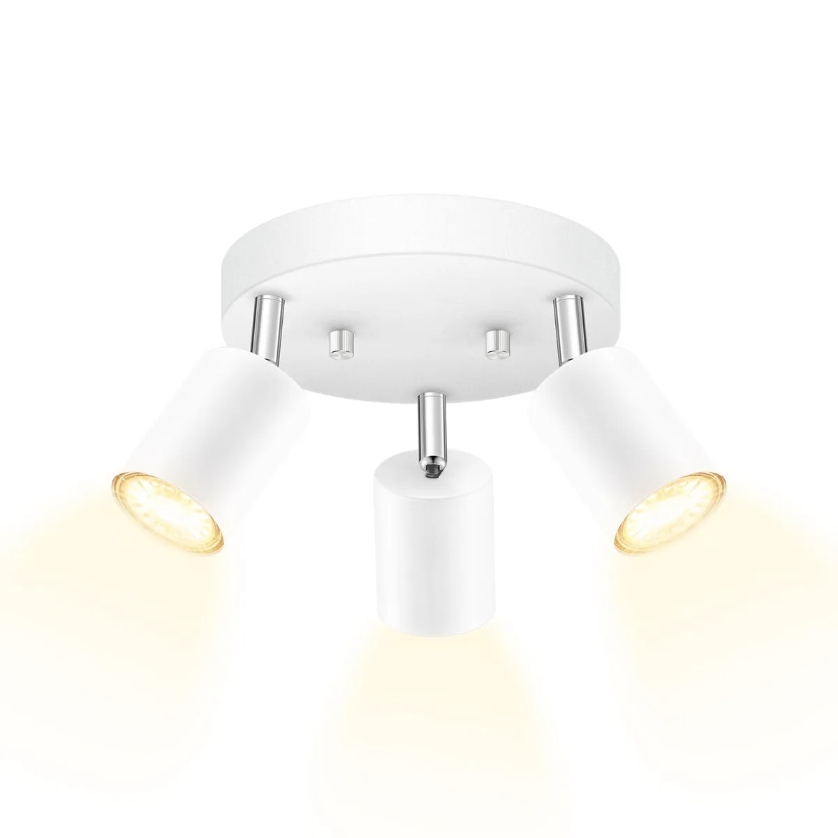 White metal track lighting kit with three rotatable spot heads, semi-flush mount