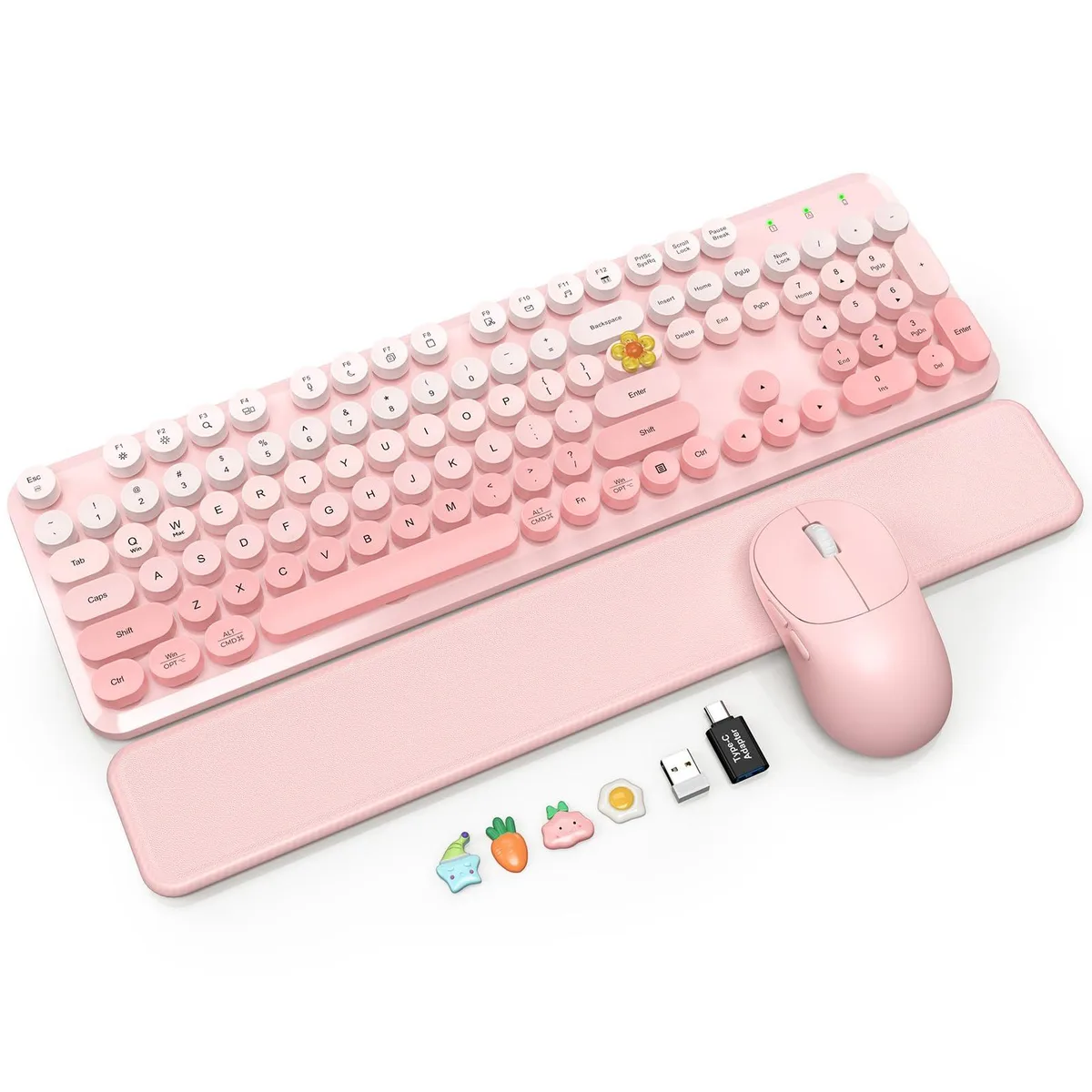 Full-size retro typewriter keyboard in blush pink ombre with magnetic wrist rest and matching mouse