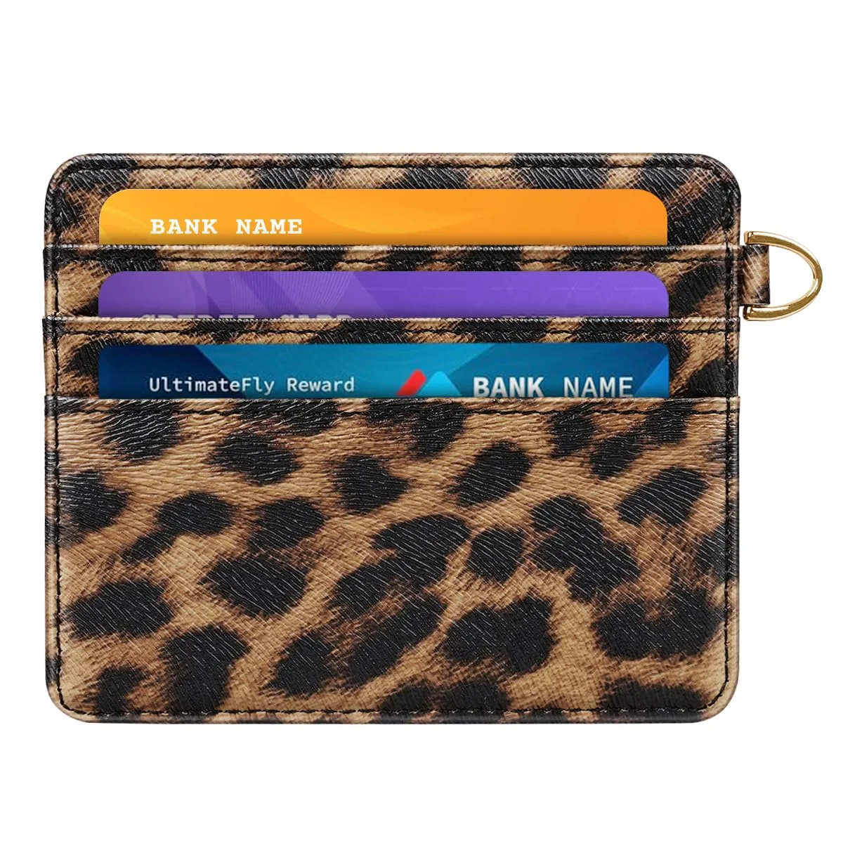 Slim leopard-print leather card wallet with D-shaped keychain
