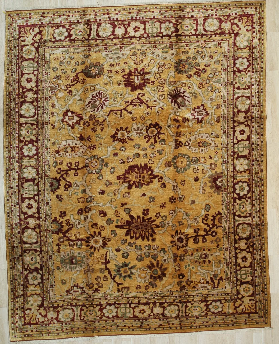 Hand-knotted beige Oushak rug with all-over traditional pattern, 100% wool