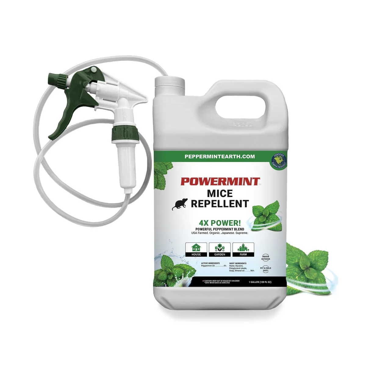 White plastic one-gallon jug with spray nozzle and handle