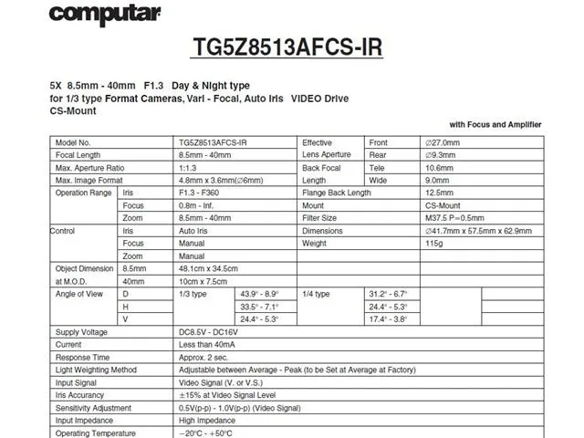 Computar Ganz Computar Ganz TG5Z8513AFCS-IR CCTV Camera Lens 8.5-40mm f1.3 CS Mount — product photo