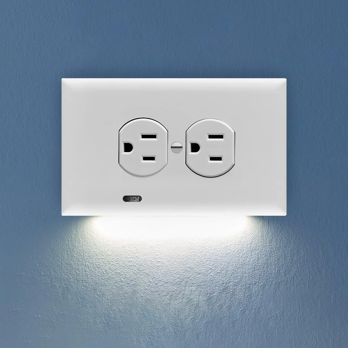 White horizontal duplex outlet cover with integrated LED night light strip along long edge