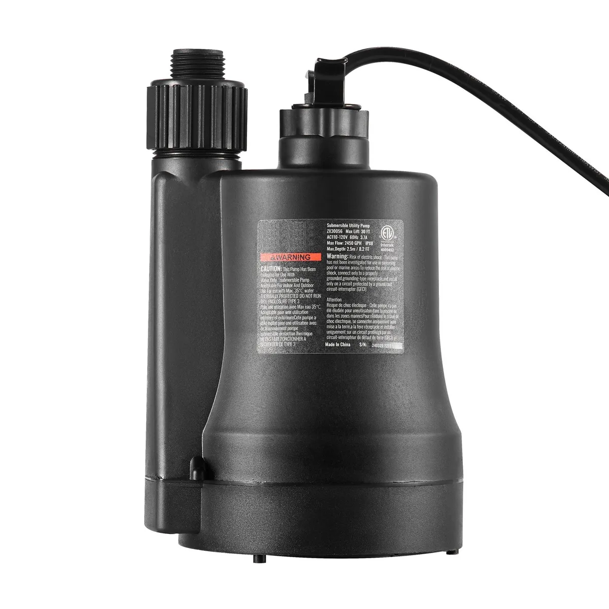 VEVOR VEVOR ZX30056 Utility Pump 1/3 HP 2450 GPH 30 ft Head IPX8 Submersible — product photo