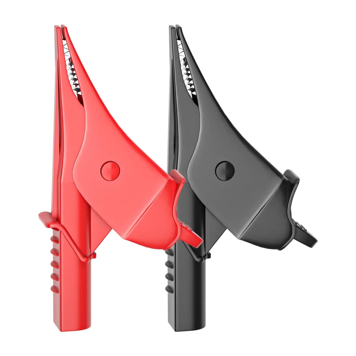 Two red and black insulated alligator clips with 4mm banana sockets