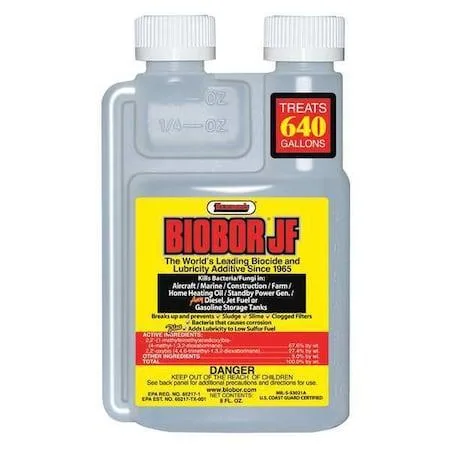 Small yellow liquid jug labeled Biobor JF biocide additive