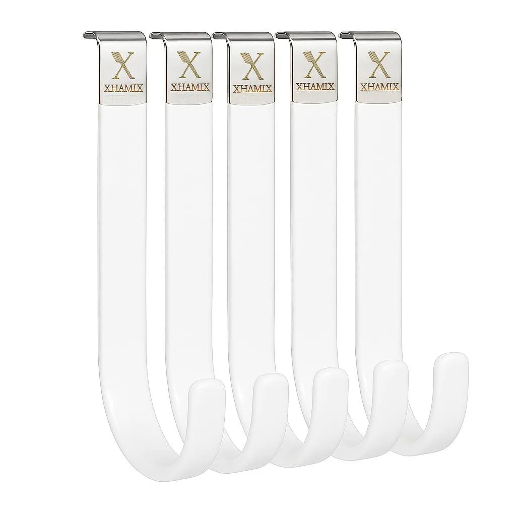 Five white carbon-steel over-door hooks with powder-coated finish