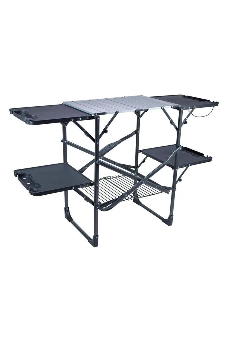 Black portable folding kitchen table with heat-resistant aluminum top, four side tables, storage rack and carry handle