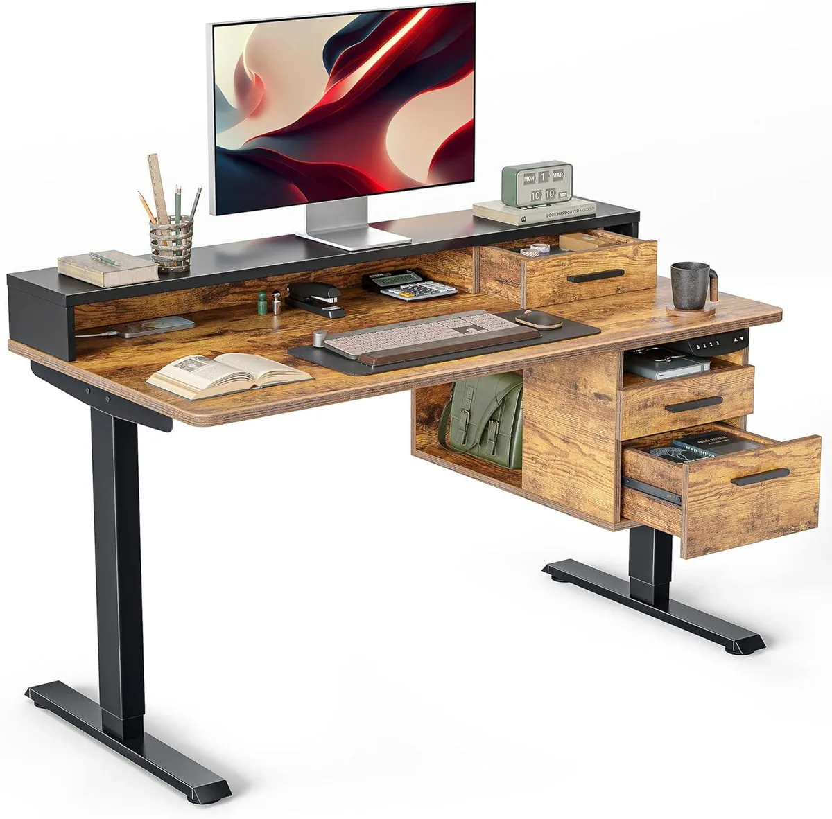 Rustic brown standing desk with three drawers and monitor shelf, electric height adjustment