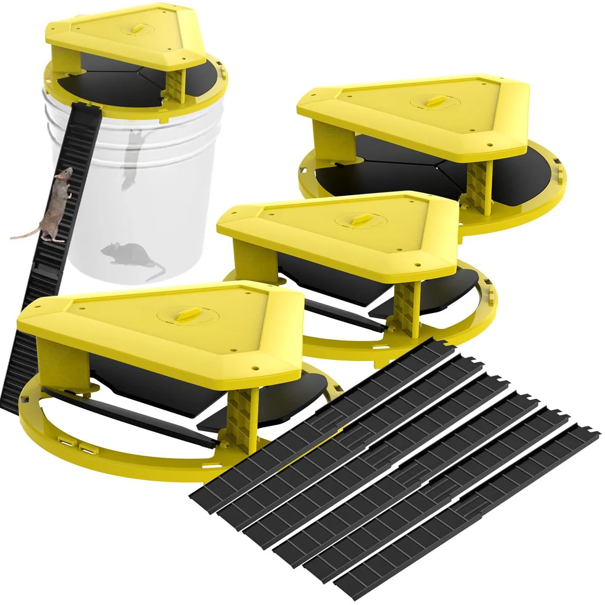 Three yellow plastic auto-reset mouse trap lids for five-gallon buckets