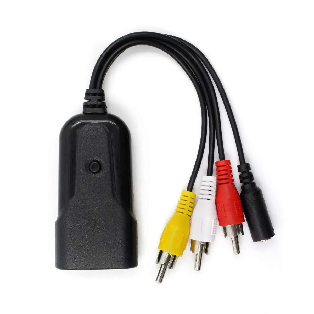 Small black box with HDMI port and three RCA sockets, includes USB power cable