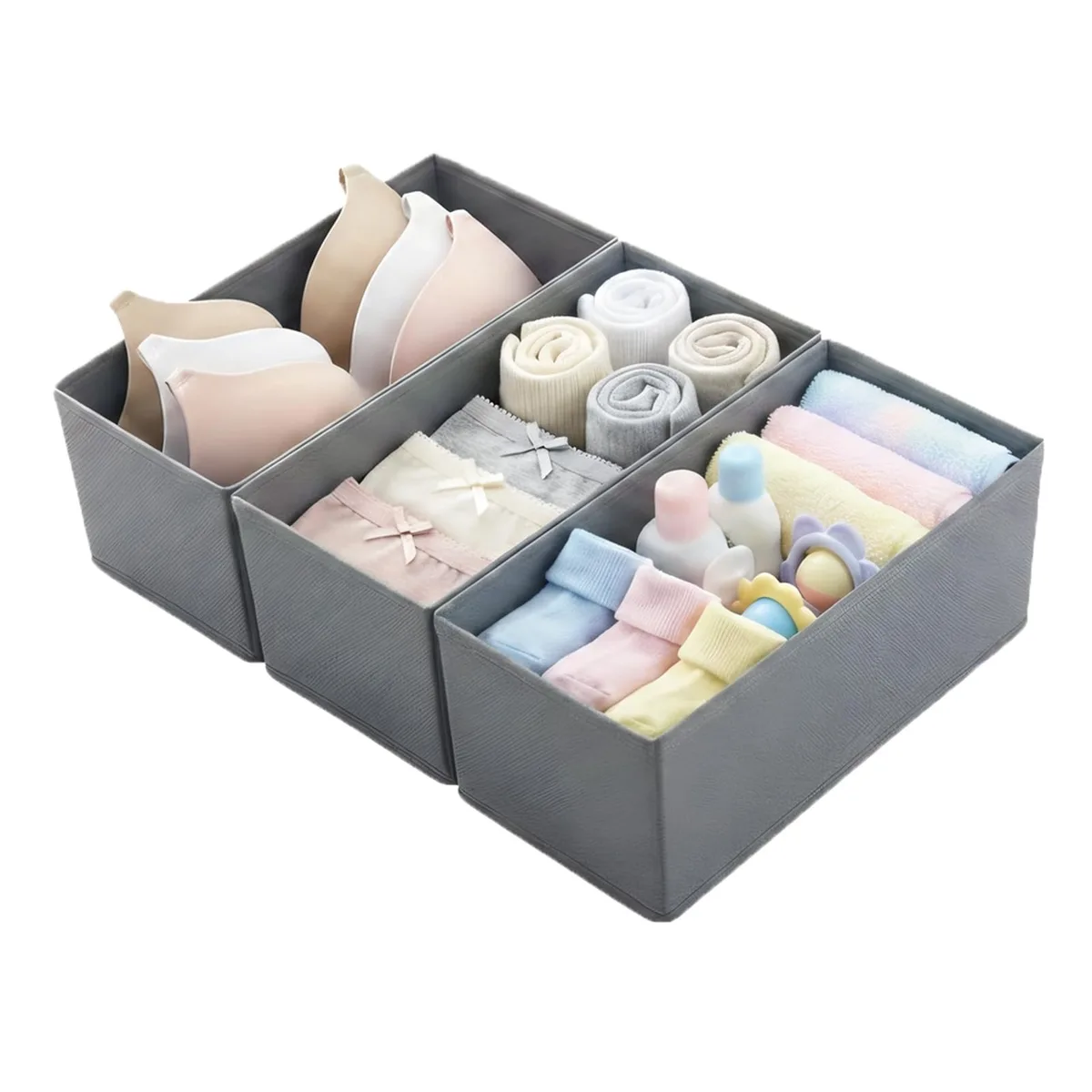 Three grey fabric drawer bins with mesh sides and dividers