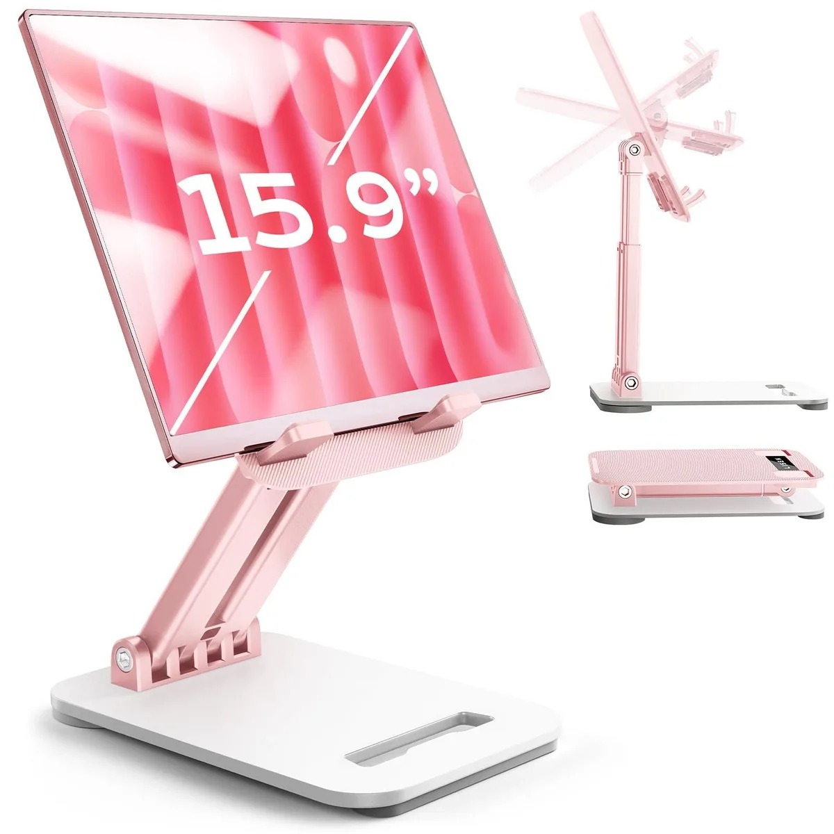 Pink foldable iPad stand with adjustable arm, compact base, fully folded 6.7 by 4.6 by 1.0 inches