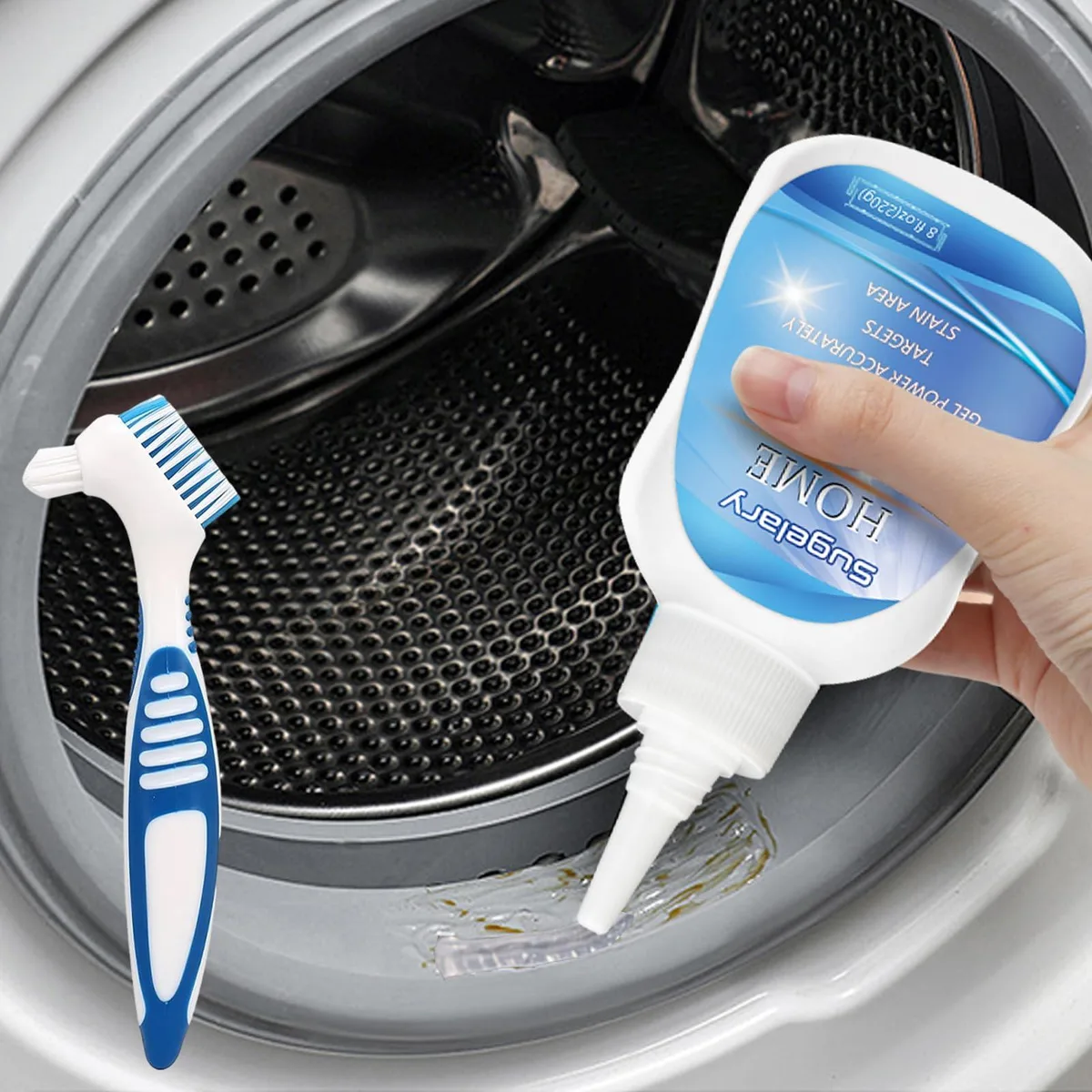White squeeze bottle with flip cap and included brush, 8 fl oz gel cleaner