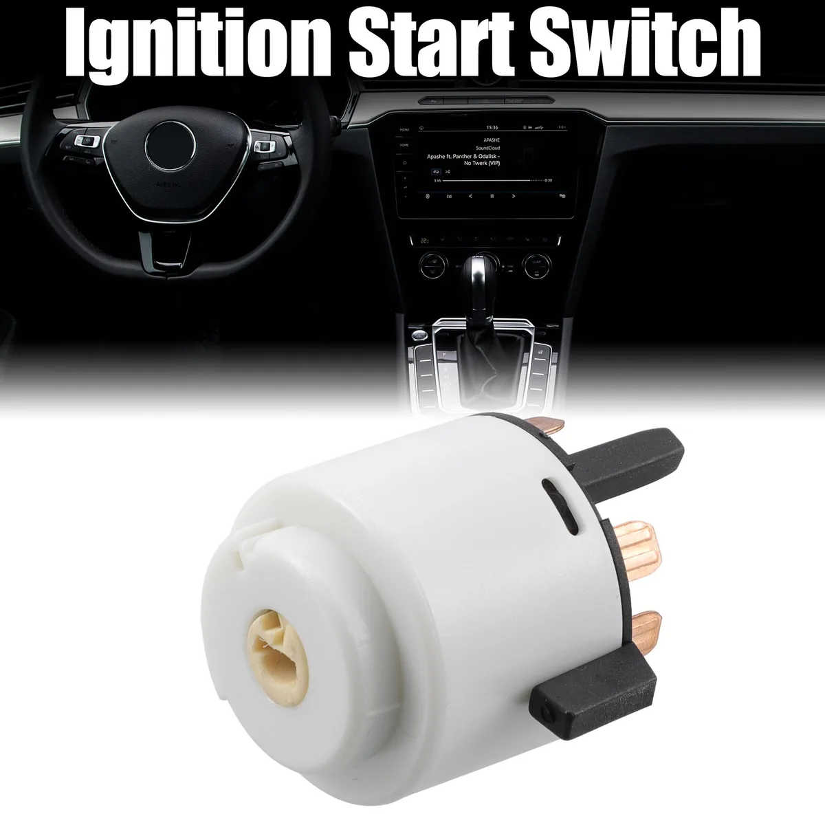 White rectangular ignition starter switch with eight pins measuring 5.1 by 3.8 by 5.3 centimetres