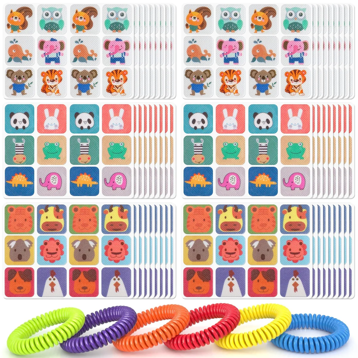 Box containing 360 cartoon mosquito stickers and six coloured repellent bracelets