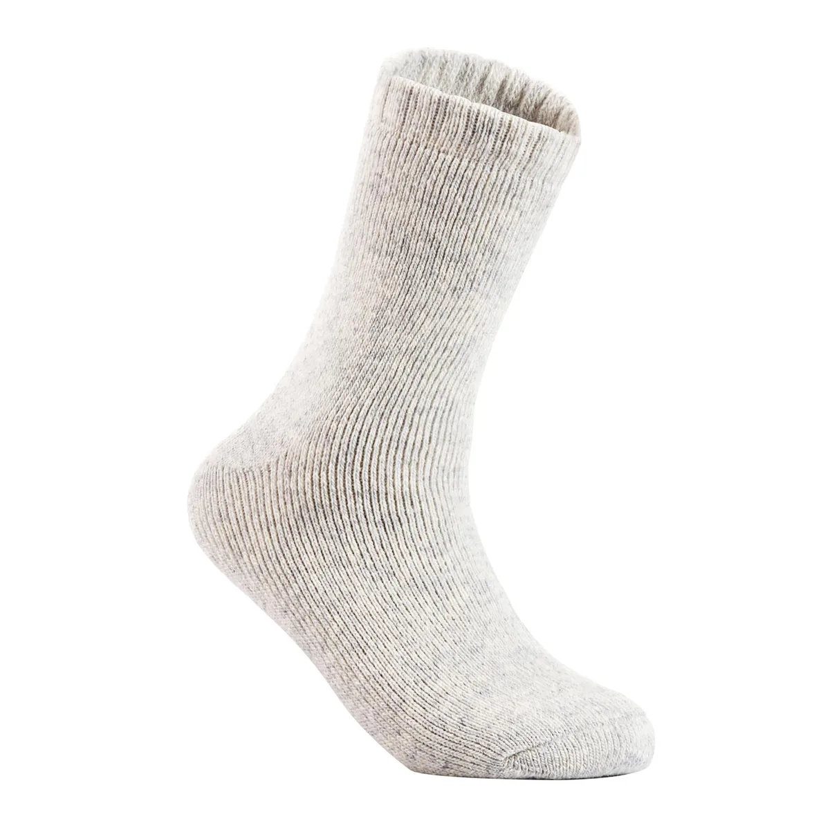 A pair of grey wool crew socks folded together