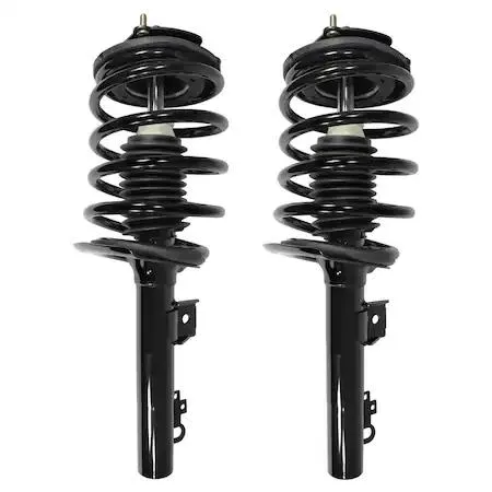 Pair of silver metal strut assemblies with black coil springs and top mounts