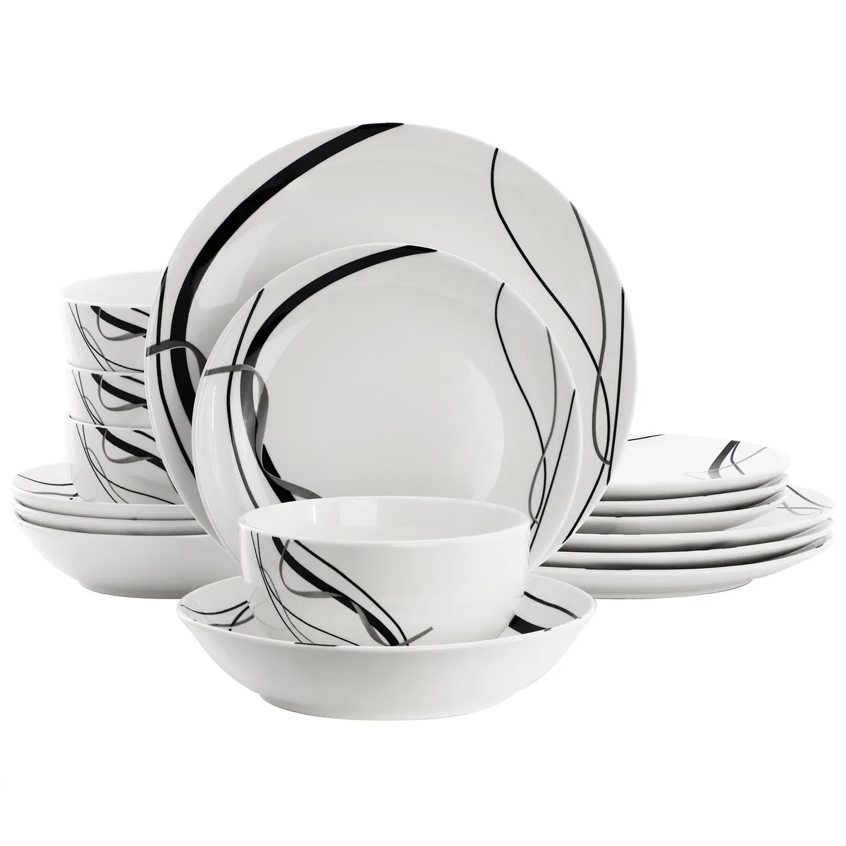 Elama Elama Sarah 16 Piece Porcelain Dinnerware Set White Black Ribbon — product photo