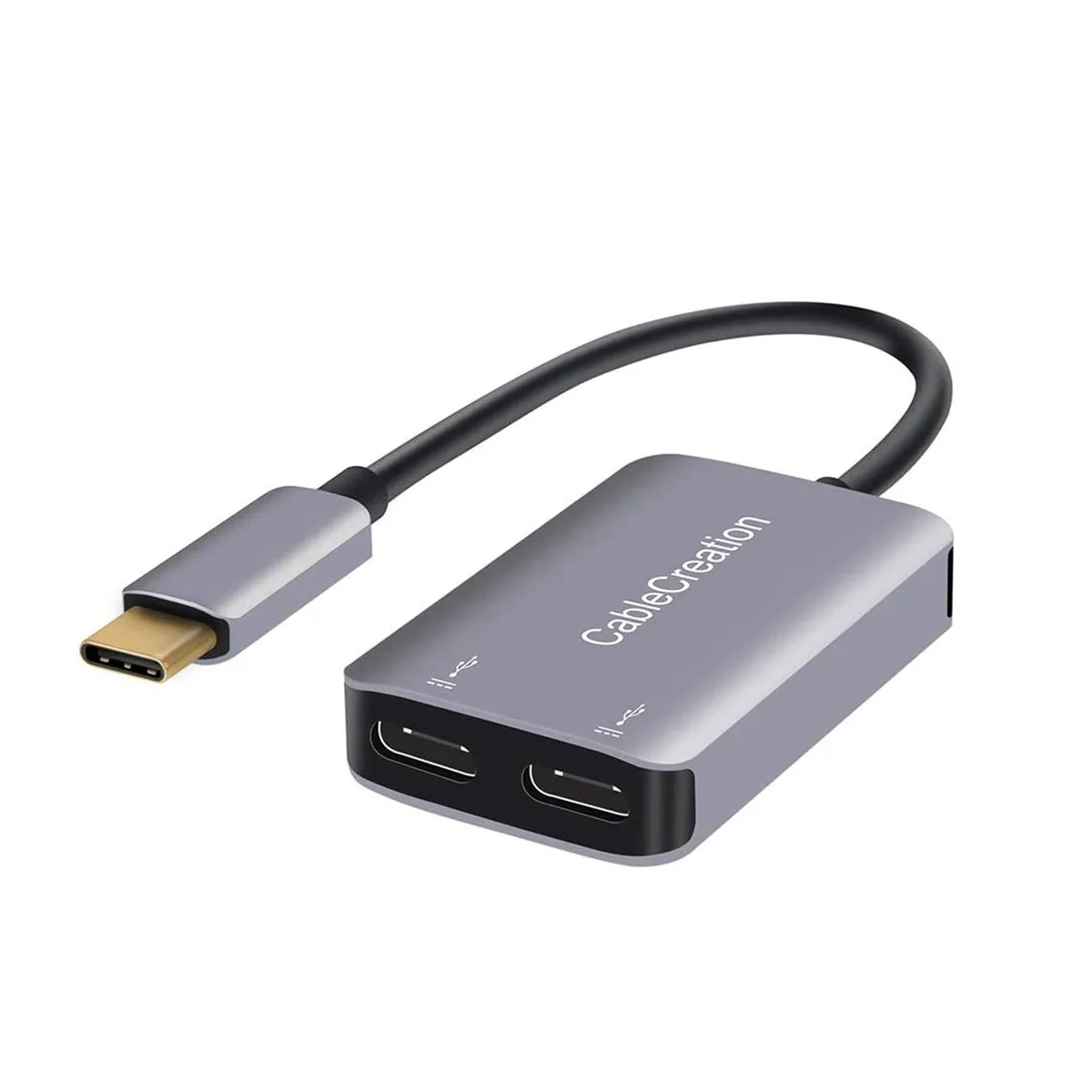 Space Gray USB-C splitter dongle with dual female ports, compact rectangular shape, glossy finish