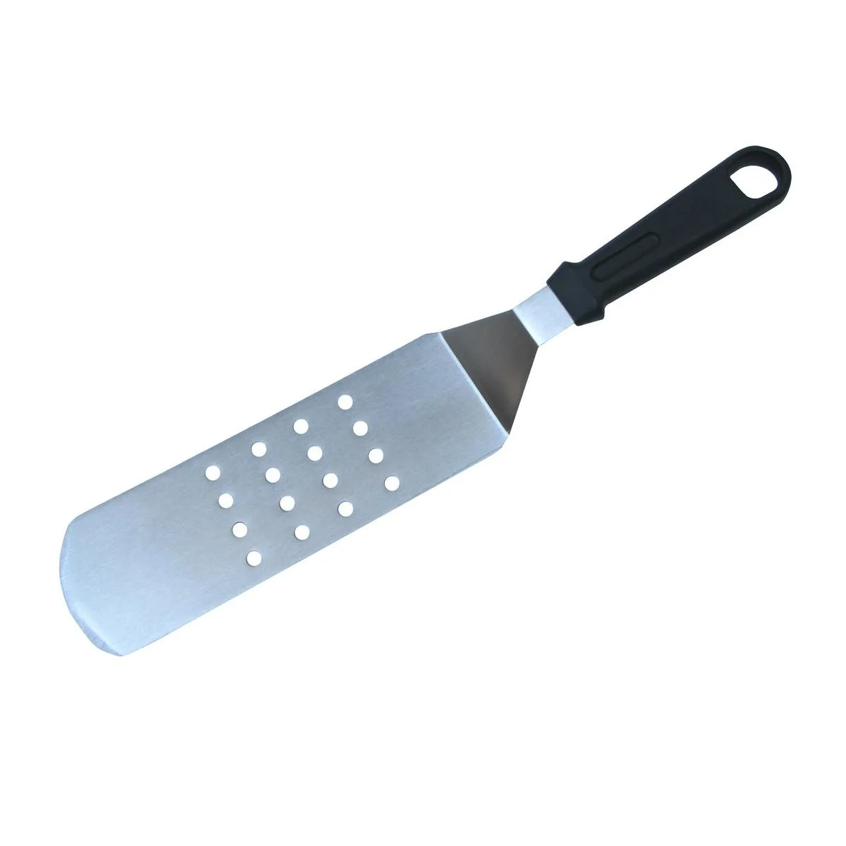 Stainless steel slotted turner with black plastic handle 16 inches long
