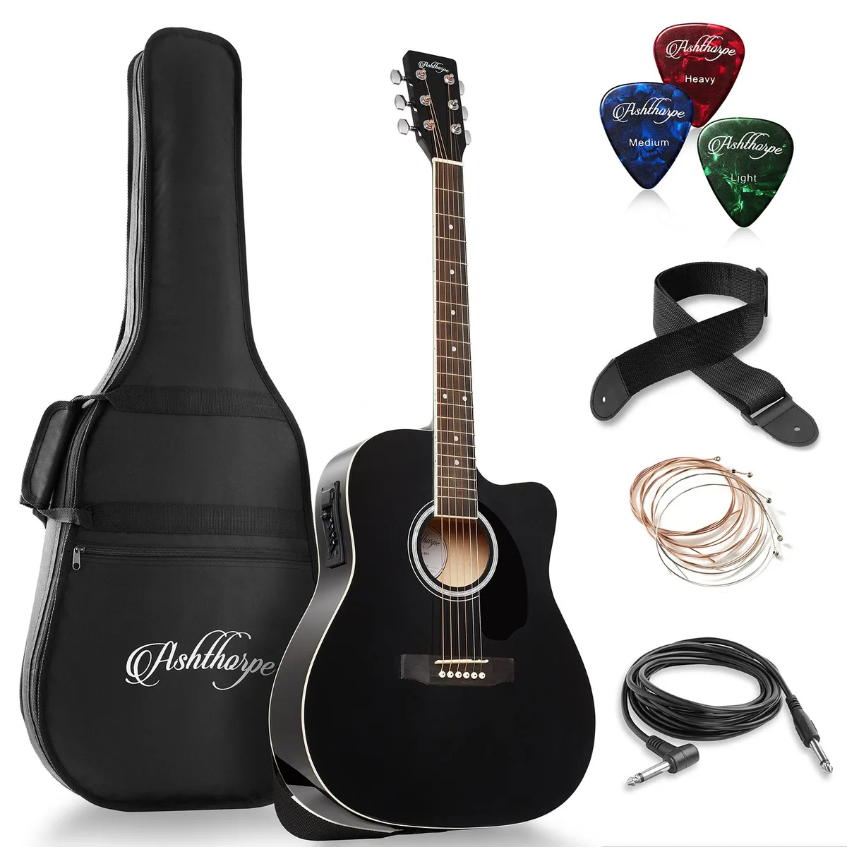 Ashthorpe Ashthorpe 41-Inch Dreadnought Cutaway Acoustic-Electric Guitar Bundle - Black — product photo
