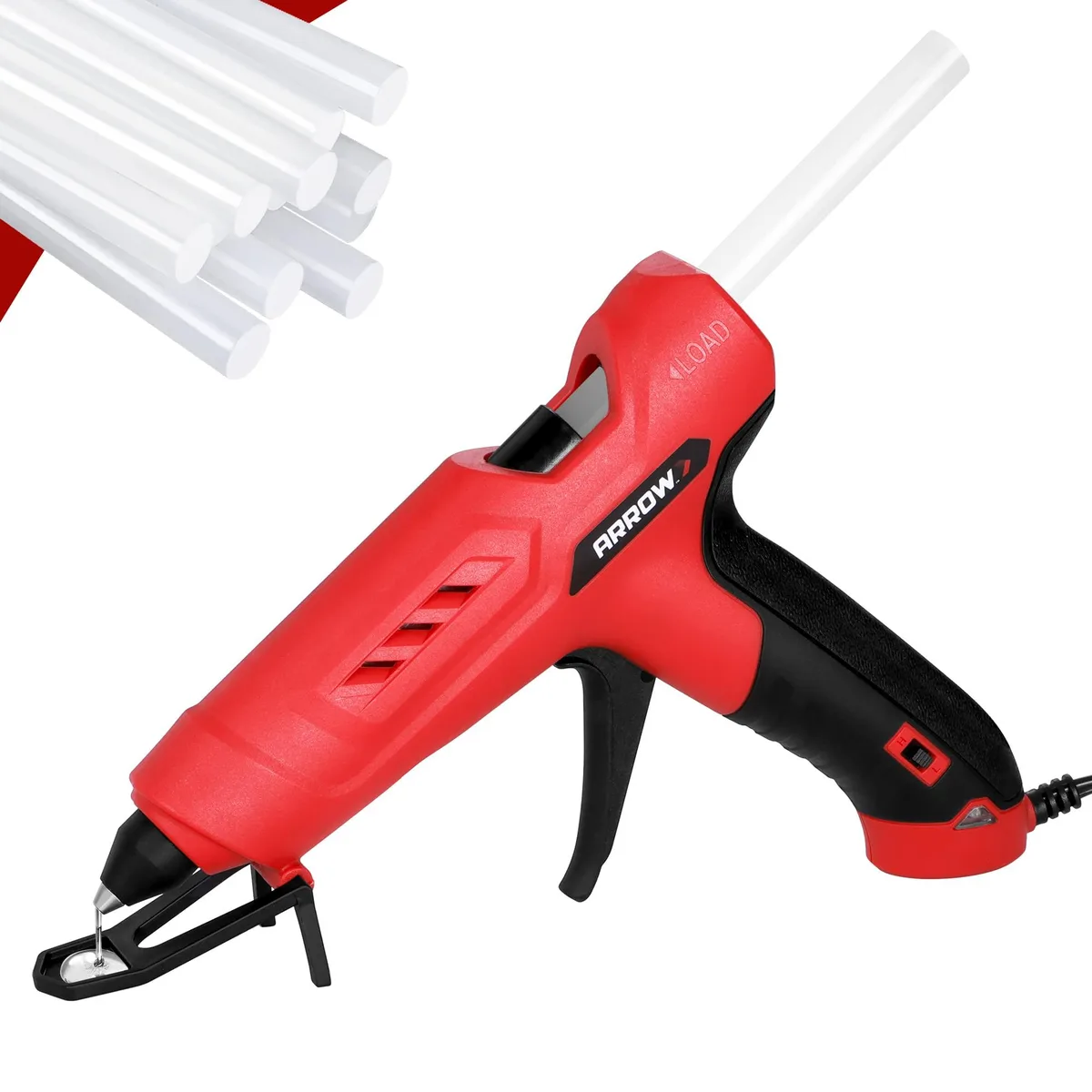 White full-size dual-temperature glue gun with stand and 12 sticks