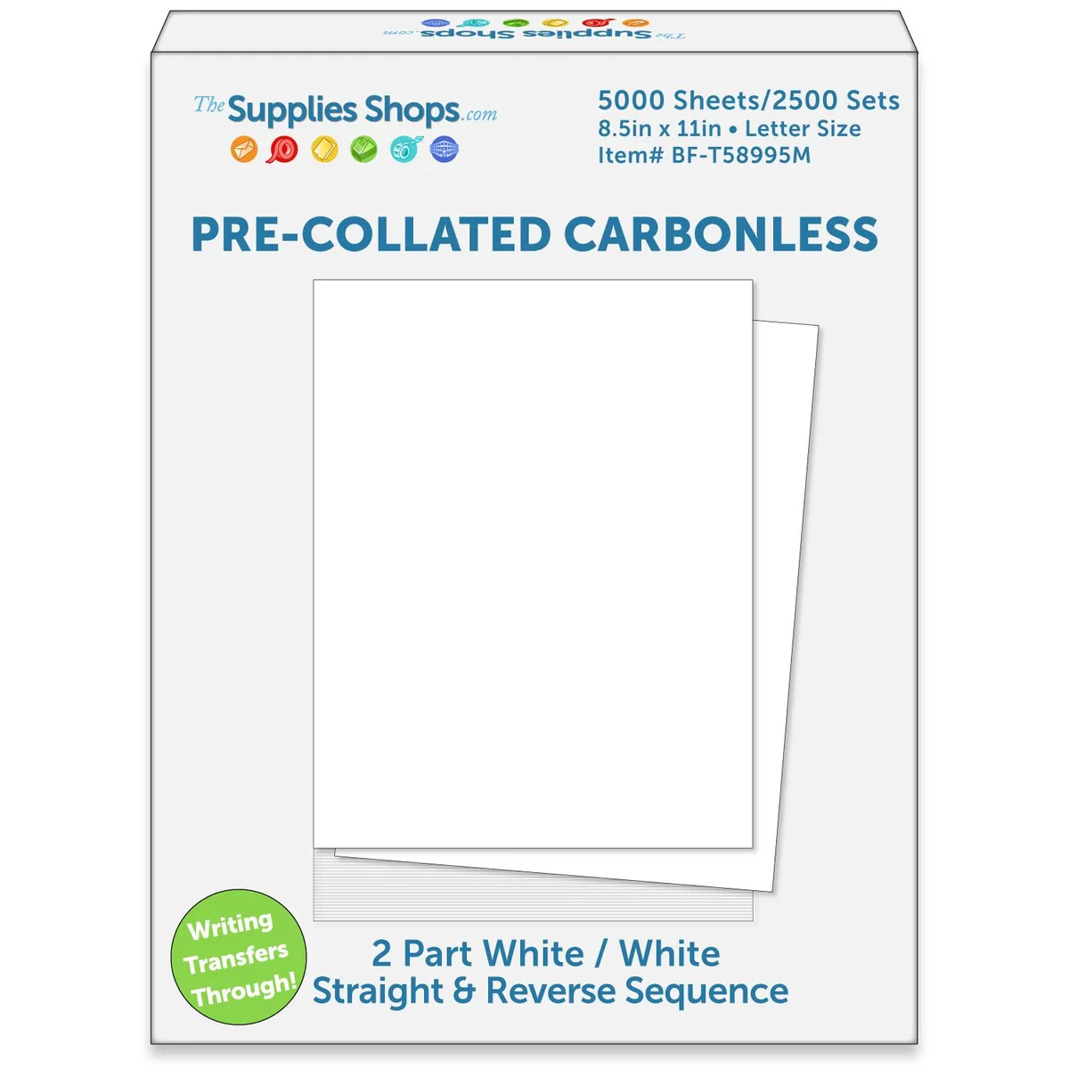 Carton of white carbonless paper sheets, 5000 count