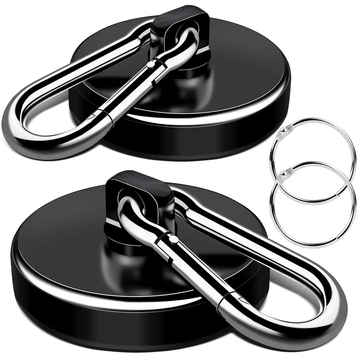 Two silver magnetic hooks with rotating carabiner clips
