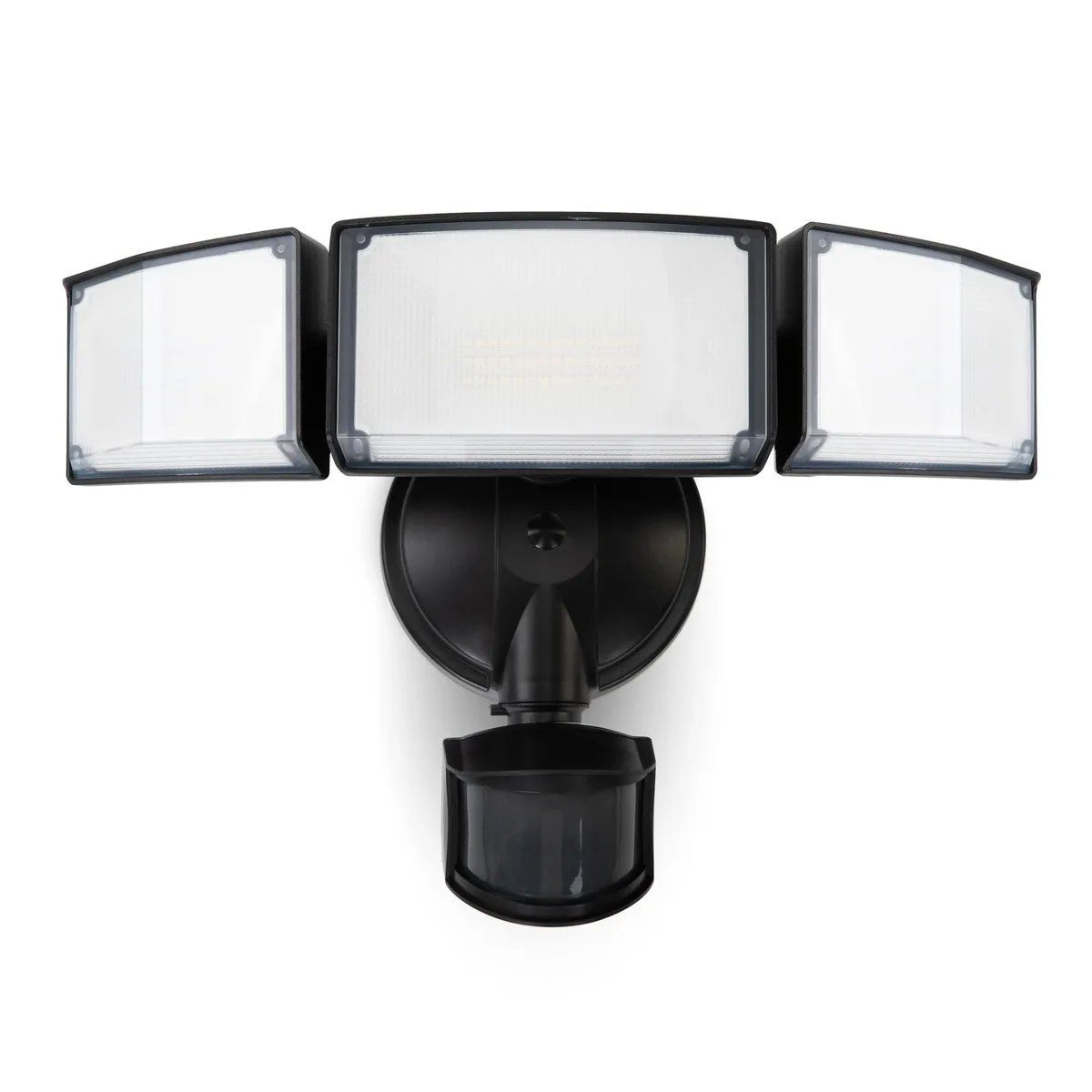 Black three-head LED flood light with adjustable aluminum heads and motion sensor, rectangular housing