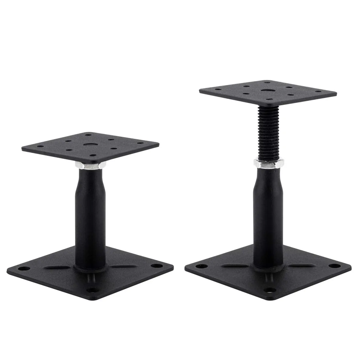 Two galvanized steel adjustable support jacks, black finish, 4 to 7 inch height range