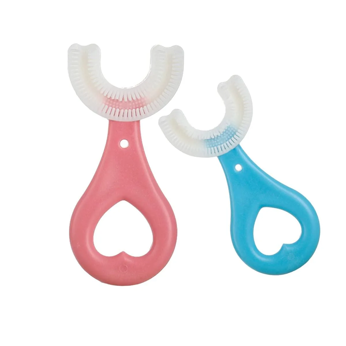 Two white U-shaped silicone toothbrushes with medium bristles, blue and pink handles