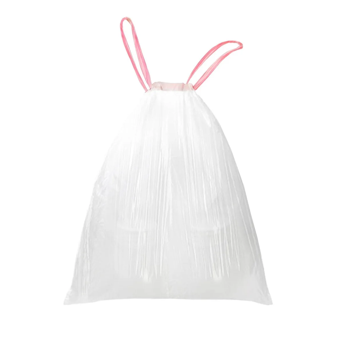 White drawstring trash bags in a 40-count pack, 55 by 65 cm, high-density polyethylene