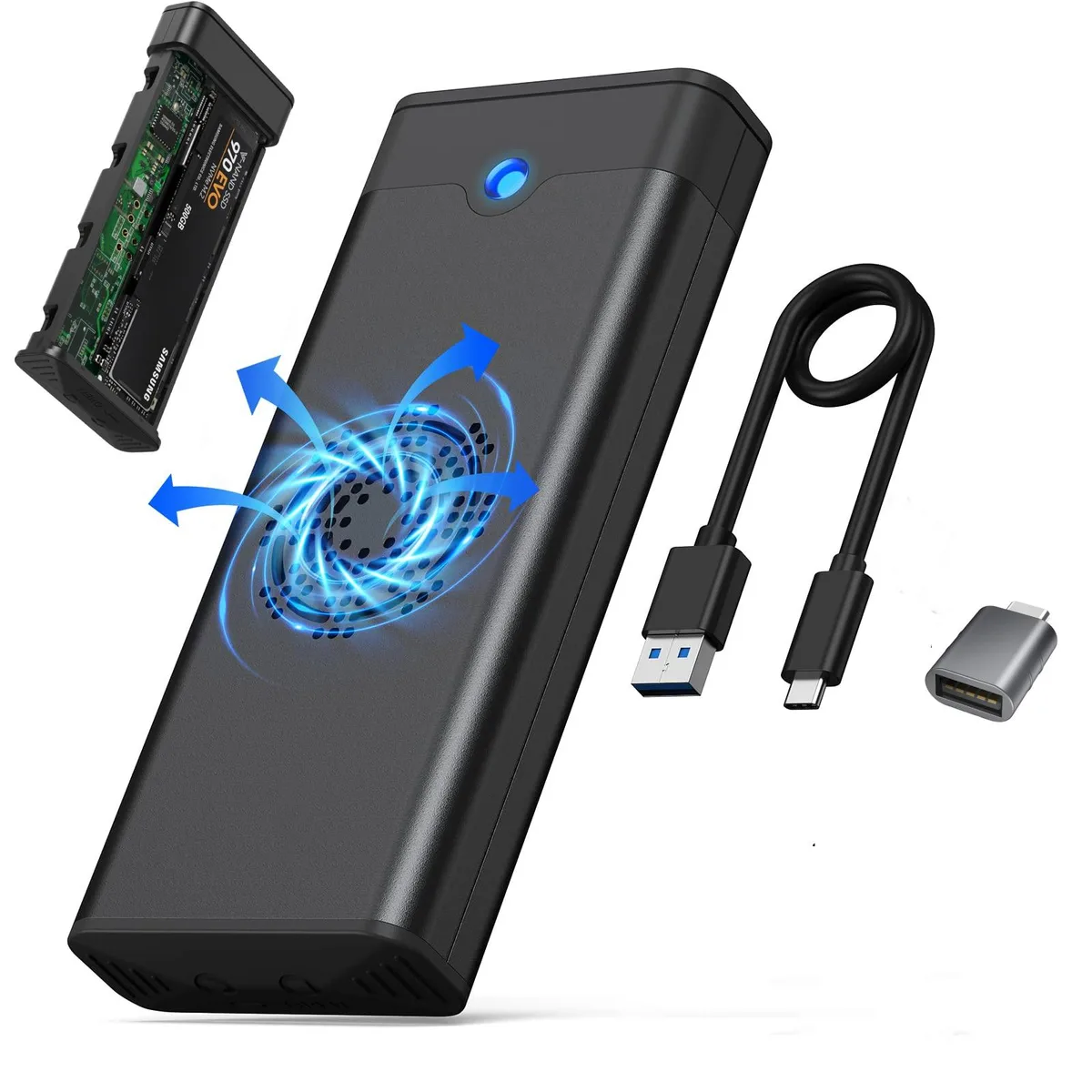 Bailink Bailink M.2 NVME SSD Enclosure with Cooling Fan, 10 Gbps USB 3.2 Gen 2, 6 Gbps SATA, Aluminum, 2242/2260/2280 — product photo