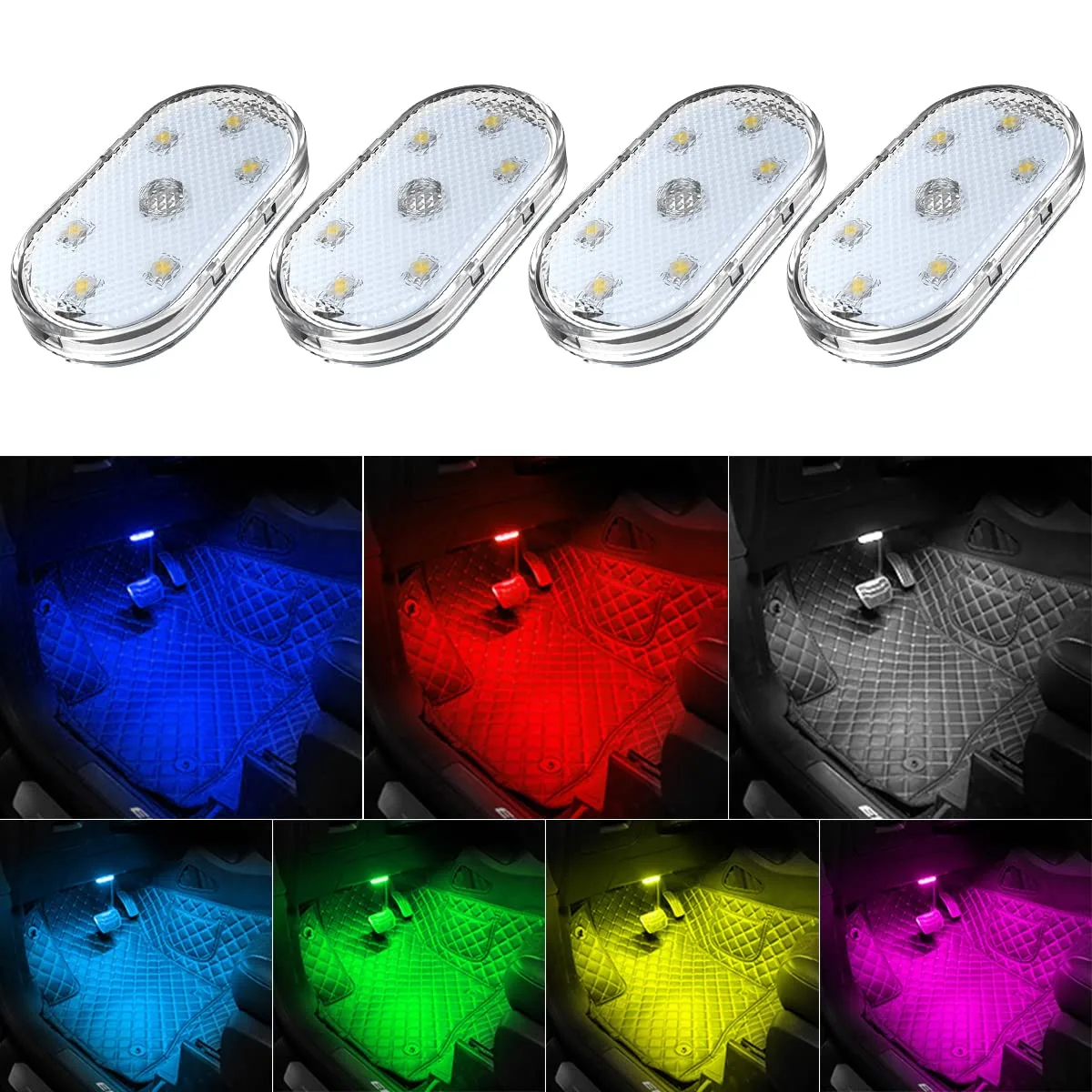  TEKSHINNY 4Pcs Car LED Interior Lights Wireless 7 Colors USB Rechargeable — product photo