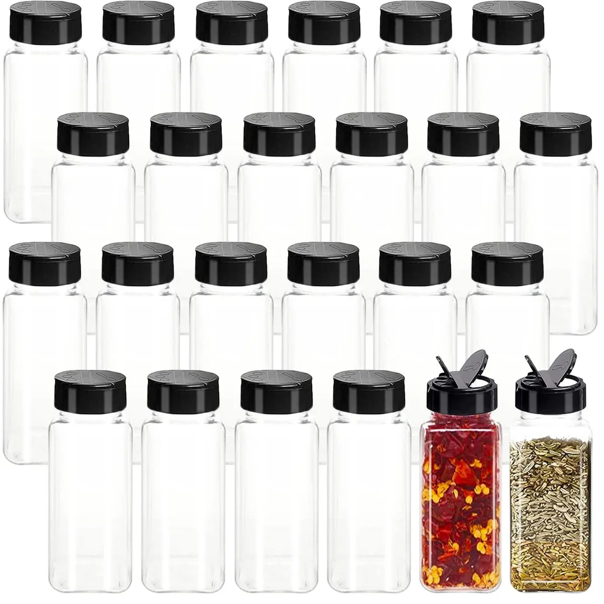 Twenty-four clear square jars with black flip-top lids, 1.5 by 1.5 by 4.1 inches each