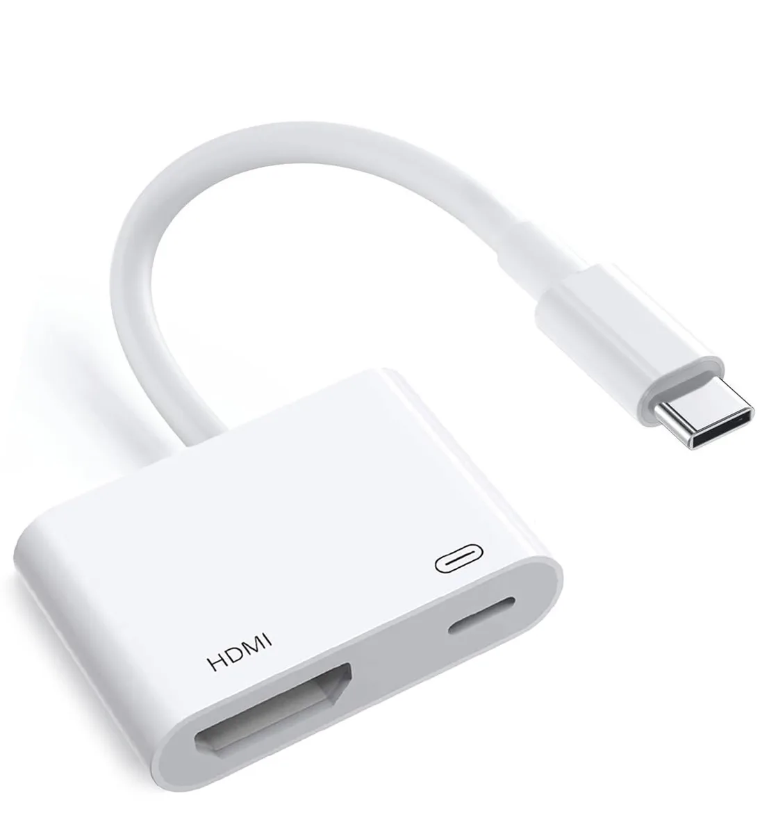 White USB-C to HDMI adapter dongle with short cable