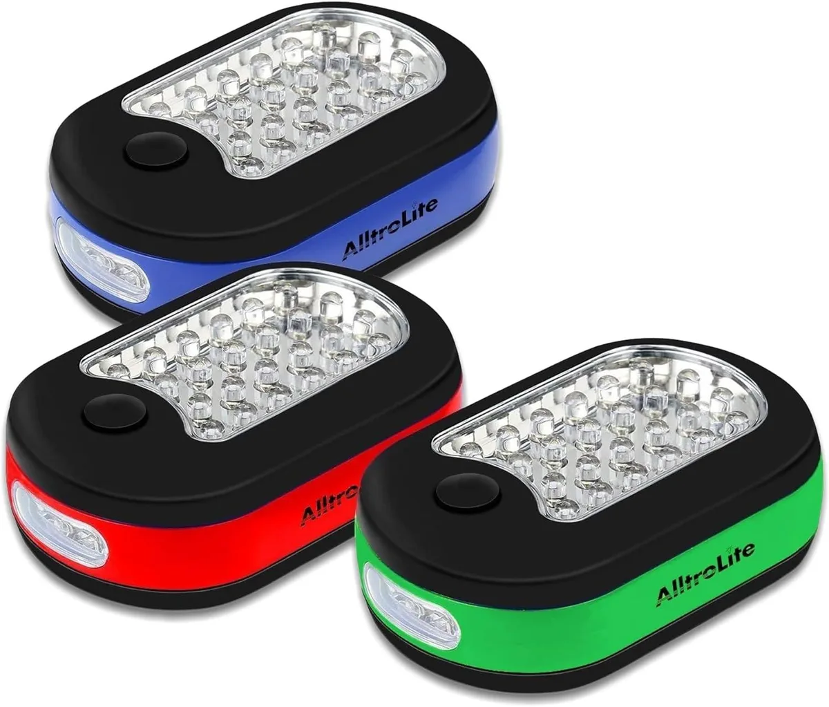 Three compact plastic lanterns with magnetic backs and rotatable hooks
