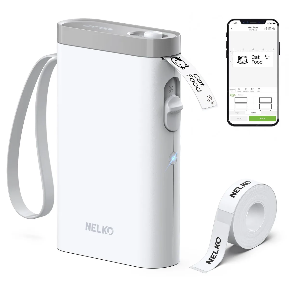 Compact white label printer with rounded edges and a small tape slot visible