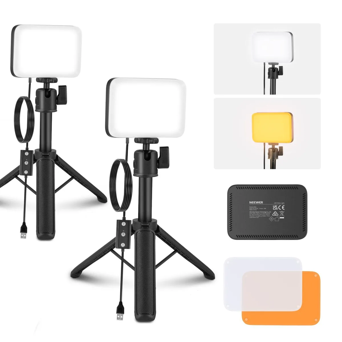 Two slim rectangular LED panels with mini tripod stands and magnetic filters