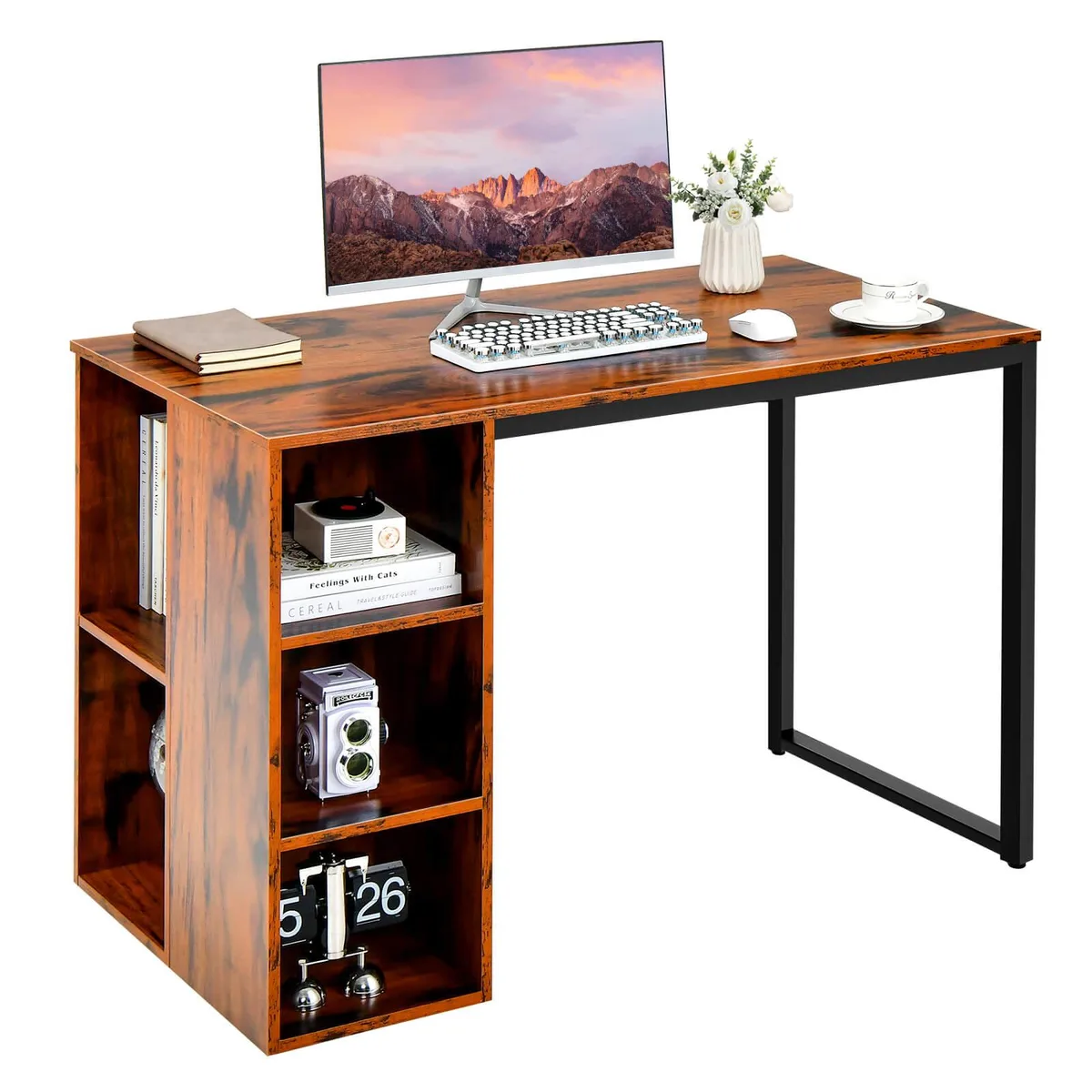 Rustic brown desk with metal frame and five side shelves