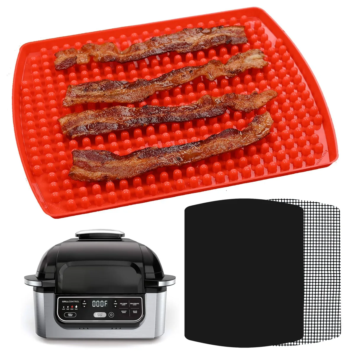 Three reusable silicone air fryer liners, solid colour, 9.5 by 8 inches