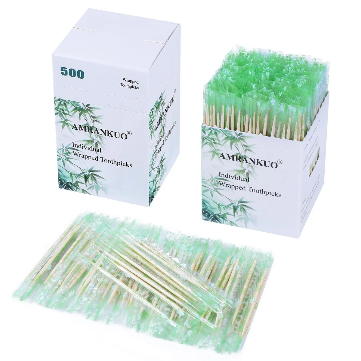 Box of 500 individually wrapped white bamboo toothpicks, 2.5 inches long with double pointed ends