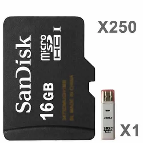 SanDisk SanDisk 16GB microSDHC Class 4 kit of 250 with USB reader — product photo