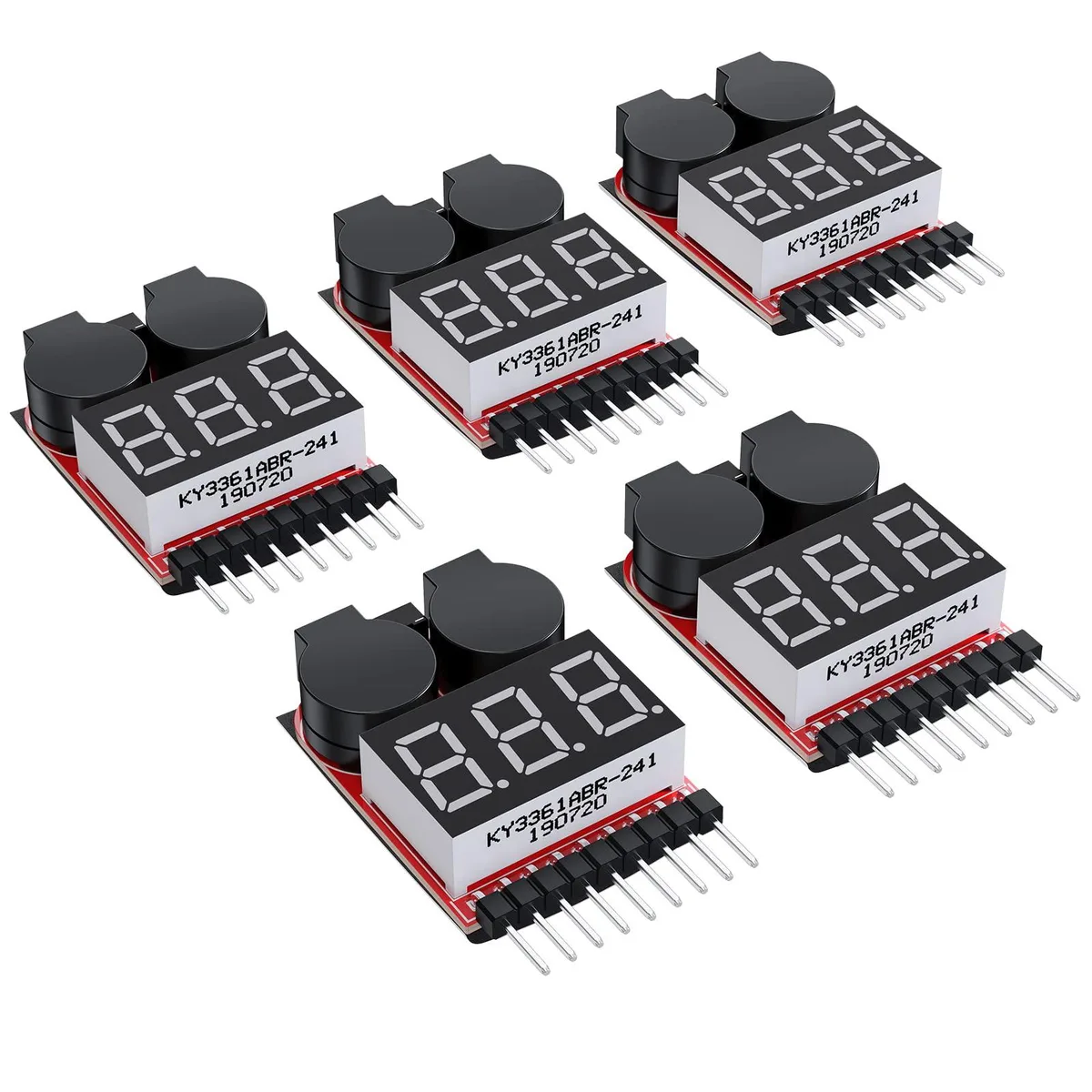 Five small rectangular battery testers with LED displays and top buttons, dark plastic finish