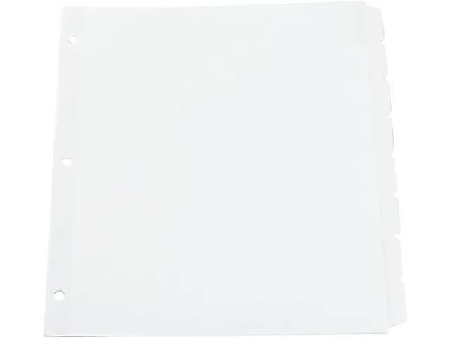 White laminated paper index dividers with eight side tabs and three reinforced holes