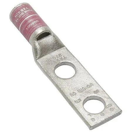 Copper compression lug with two mounting holes, pink colour code, straight tongue, inspection hole visible